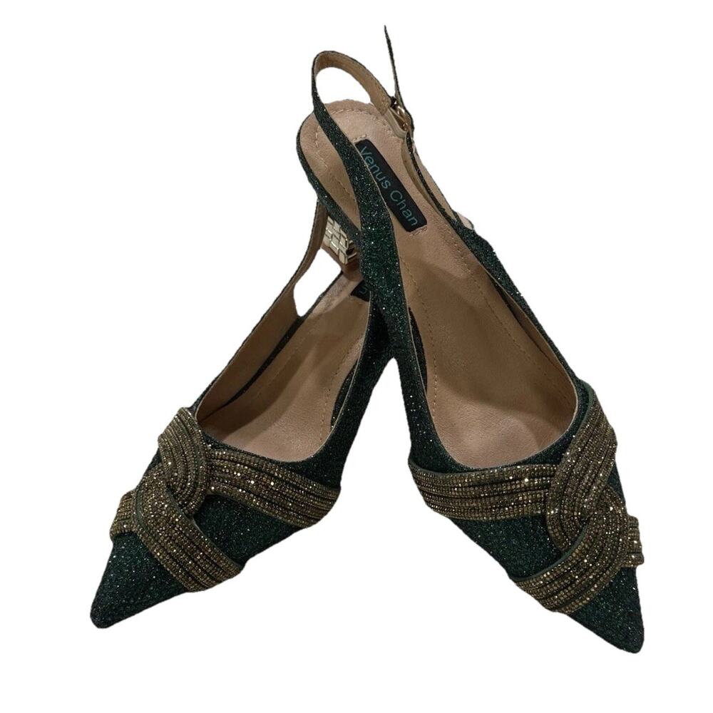 Venus Chan Green Rhinestone Sling Back Heels Womens 7.5 EU 38 Pointed Toe Party